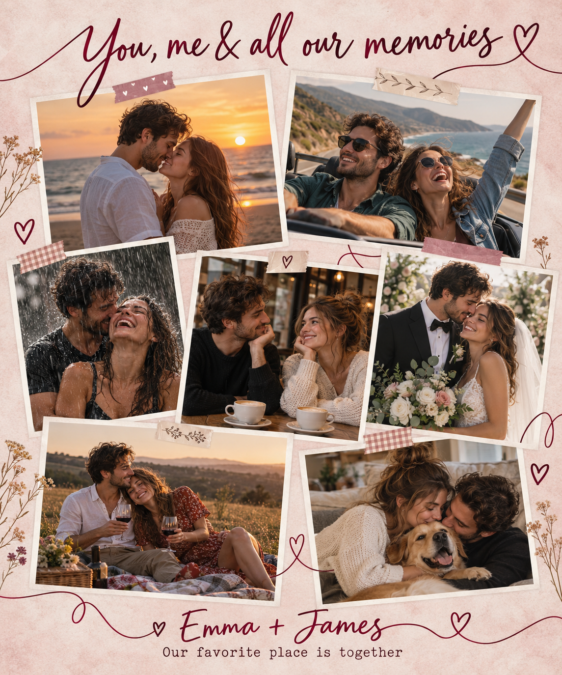 Our Memory Book sample personalization with seven fictional couple photos