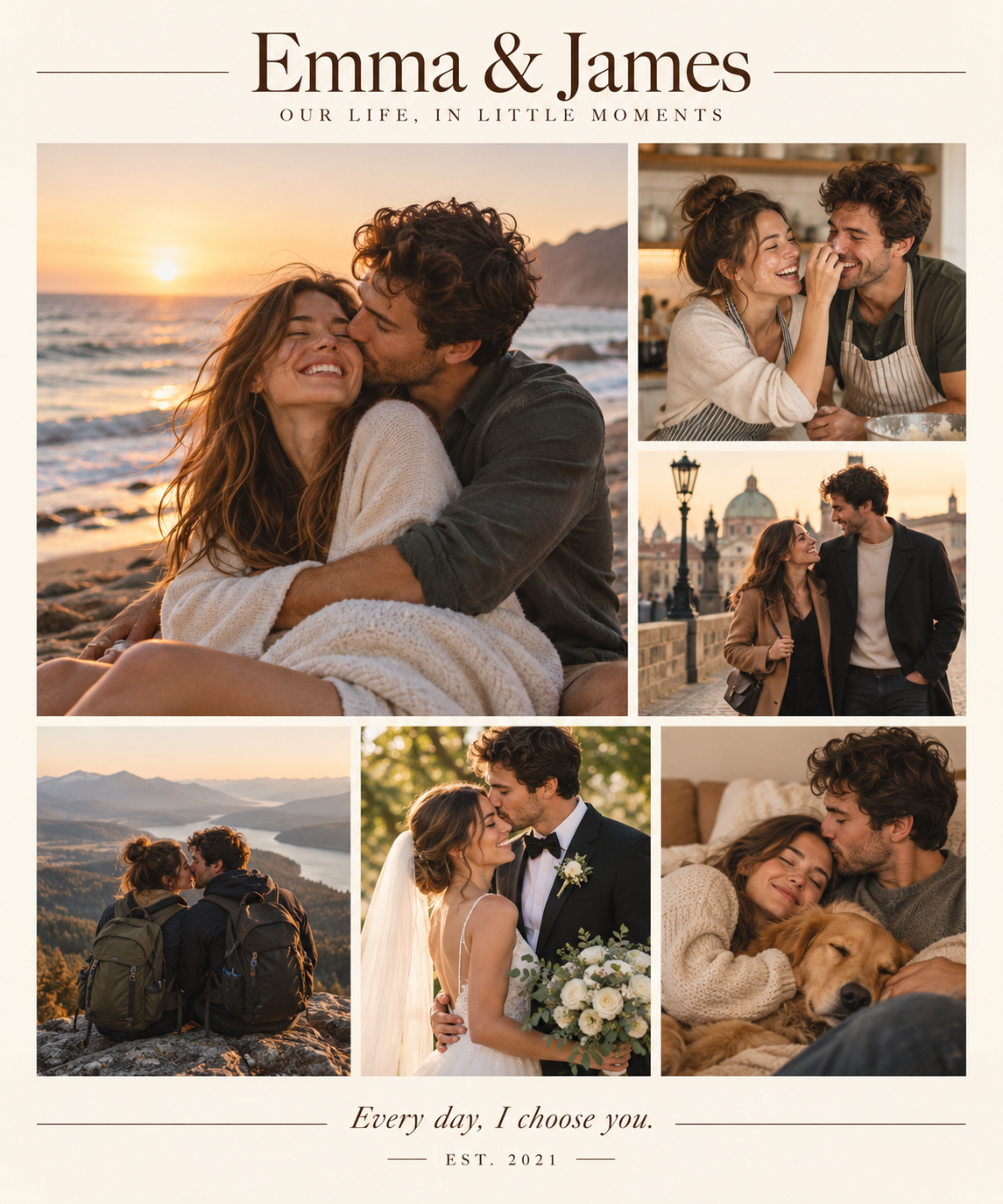 Everyday Elegance sample personalization with six fictional couple photos