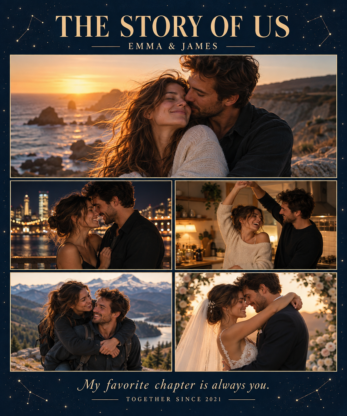 The Story of Us sample personalization with five fictional couple photos